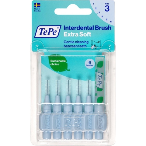 TePe Interdentale Ragers Extra Soft Lichtblauw ISO maat 3 – 0,6 mm (6 stuks)