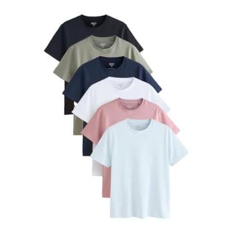 NEXT Heren Set van 6 basic slim-fit T-shirts Dusky Pastels Pink/Sage/Aqua/White/Navy/Black S