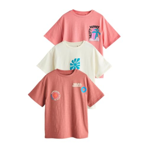 NEXT Meisje Set van 3 oversized T-shirts met grafische print Brown/Pink Waves numeric_164