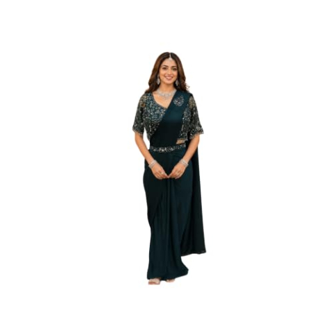 Simhera Threads Women's Deep Teal Designer Ready-to-Wear Saree with Embellished Half-Sleeve Blouse