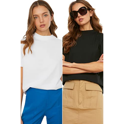 Trendyol Dames Wit en Zwart Steep Kraag 2 Pakket Basic Gebreide T-shirt, S