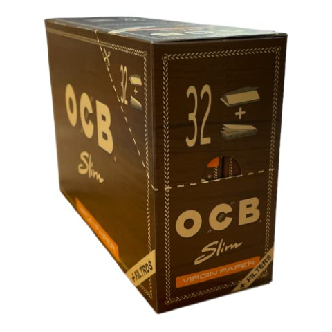 OCB 20166 Ongebleekt Slim Virgin Papier + Tips-32 Boekjes van 32 Vellen, Lange Ongebleekte Plus Tips, Papier