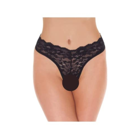 Amorable by Rimba - Erotisch Slipje - G String - Open Kruis - Zwart - Burlesque G String Met Kanten Ruche En Open Kruis
