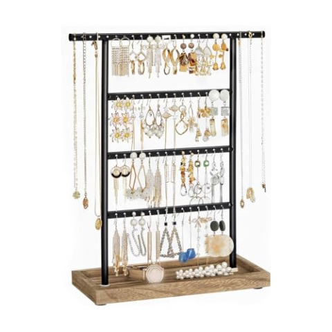 Sieradenrek 4-laags sieradenorganizer met houten basis, oorbellen-ketting-displaystandaard
