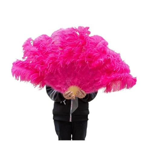 Struisvogel Marabou-veren handventilator, 130 cm draagbare opvouwbare pluimventilator(Rose Pink,Left hand)