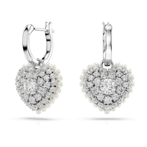Swarovski Idyllia Oorhangers, Crystal Pearl, Hart, Wit, Rodium toplaag