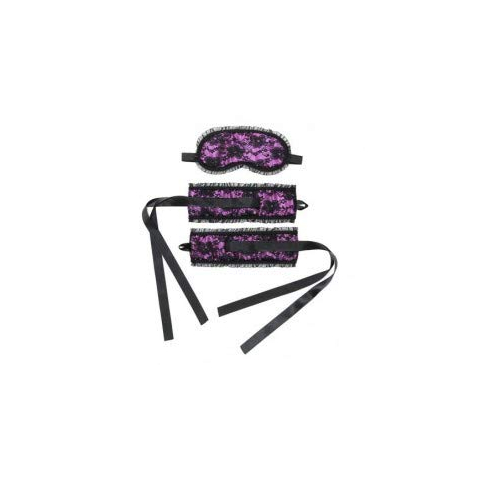 Rimba Satin Look Handboeien met masker Zwart/Paars One Size