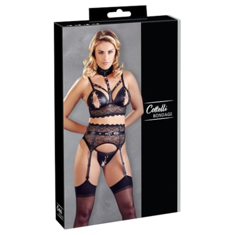 Cottelli BONDAGE 3-delige JarretelleSet inclusief handboeien Zwart S