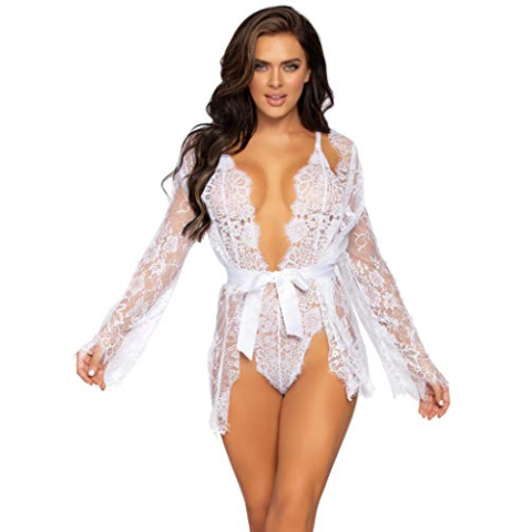 LEG AVENUE Body aus floraler Spitze & Spitzenrobe, Small (Weiß), 150 g