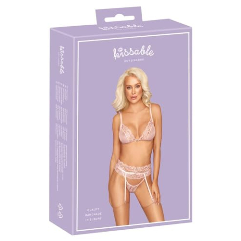 kissable 3-delige Jarretelset van tule en kant Roze L/XL