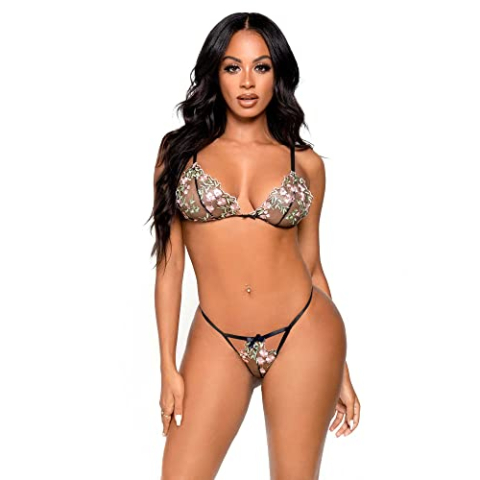 Leg Avenue Floral sheer bra and g-string, S (Zwart)