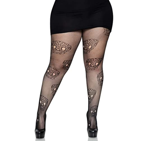 Leg Avenue Lace skull fishnet tights, 1X-2X (Zwart)