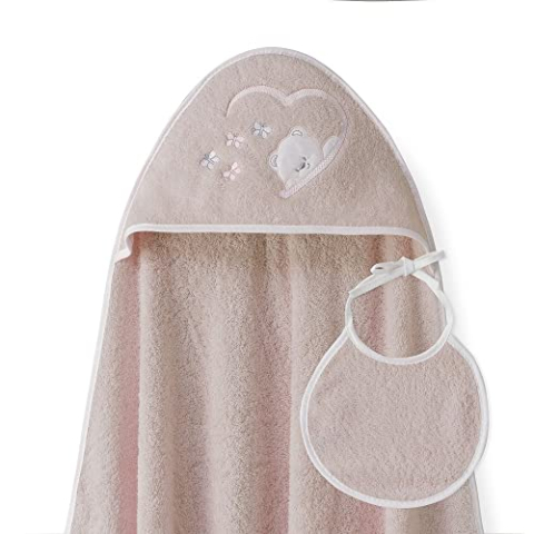 Baby capuchonbadhanddoek met capuchon met babydak - beer Farfalles lichtroze