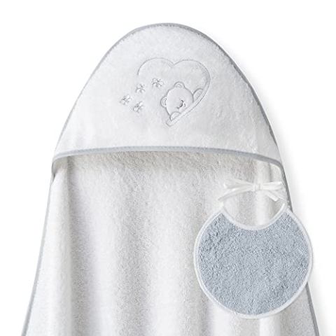 Capuchonhanddoek voor kinderen met bablagin, Farfalles Beer, wit y grijs