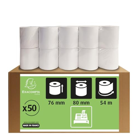 Bobines pour caisses - 1 pli extra-blanc 60g/m - 76mm x 80mm x 12mm (55m)