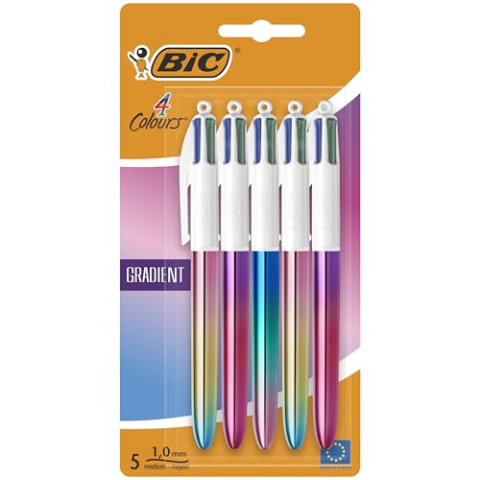 BIC 4 kleuren intrekbare balpen met verloop, medium punten (1,00 mm) - drie-kleuren gradiënt vat, 5 stuks
