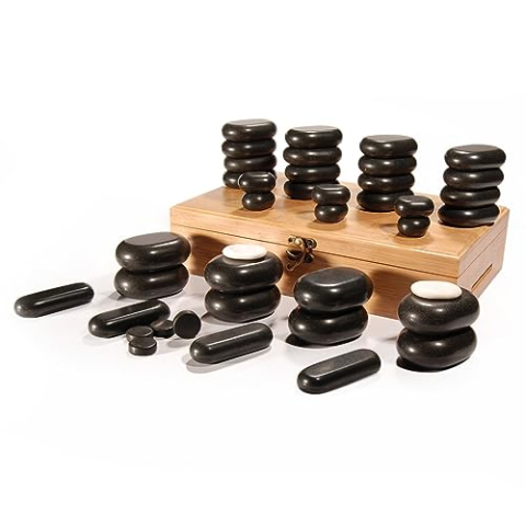 Master Massage Hot Stone hete massage stenen in decoratieve bamboe kist 40 stuks