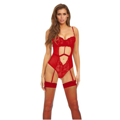 Bombshell Boudoir Overlay Teddy Erotische Dessous-Set Rood S
