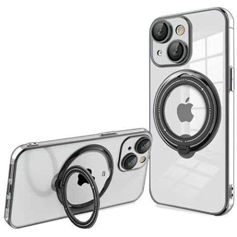 Cool beschermhoes voor iPhone 15 Plus, magnetisch, ring, zwart