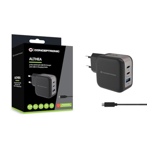 CONCEPTRONIC 3-poorts 67W GaN USB-PD-oplader met USB-C-oplaadkabel, USB-C x 2, USB-A x 1, QC 3.0, PPS
