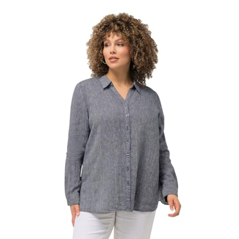 Ulla Popken Linnen blouse voor dames, marineblauw gemêleerd, 50-52