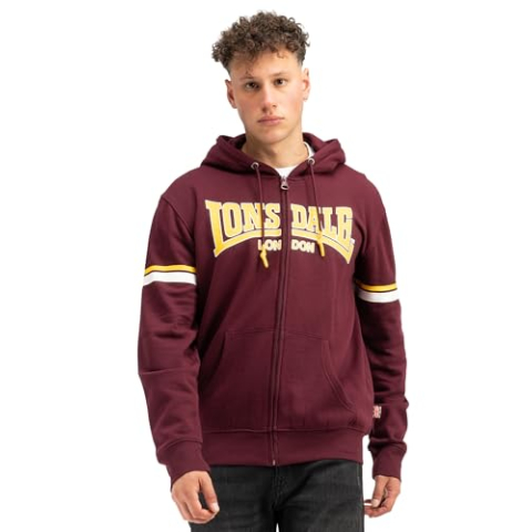 Lonsdale Heren sweatshirt met capuchon met ritssluiting normale pasvorm DARFIELD, Oxblood/geel/wit, M