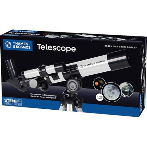De Thames & Kosmos Telescope Essential STEM Tool | Instapmodel refractortelescoop met 100x vergroting en ingebouwd kompas | Klassiek wetenschappelijk apparaat voor astronomische en aardse waarnemingen
