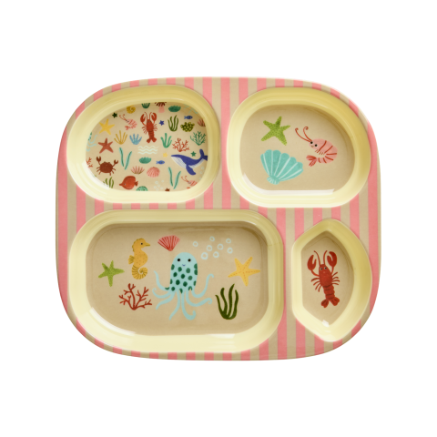Rice Melamine kinderbord met 4-delige indeling - koraal - Ocean Print