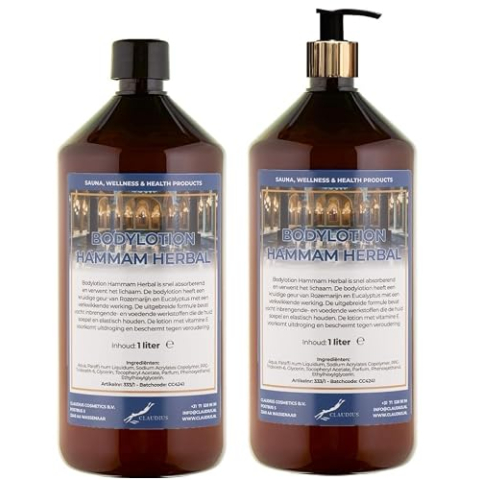 Bodylotion Hammam Herbal 2 x 1 liter met gouden pomp (amber)