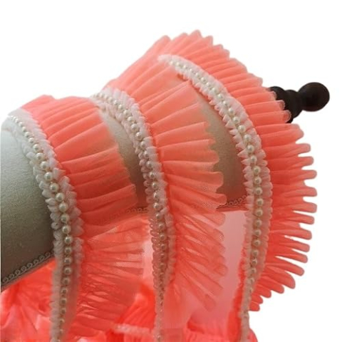 Kanten rand 1 meter Tule Mesh geplooid lint Kralen Fringe randafwerking(Orange)