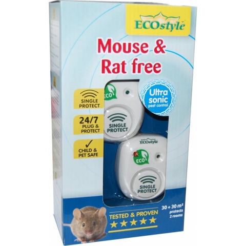 ECOstyle Mouse & Rat Free Tegen Muizen en Ratten - Ecologisch, vriendelijk & Hyienisch - Veilig voor Kinderen en Huisdieren - 30 + 30 M² - Voor 2 Kamers