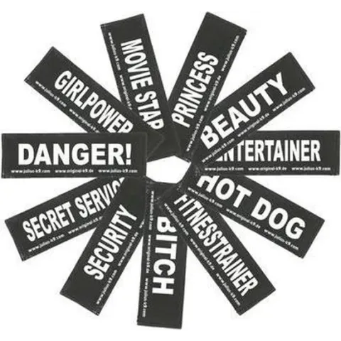 2 Julius-K9 tekst labels SECURITY logo formaat klein 3 x 11 cm.