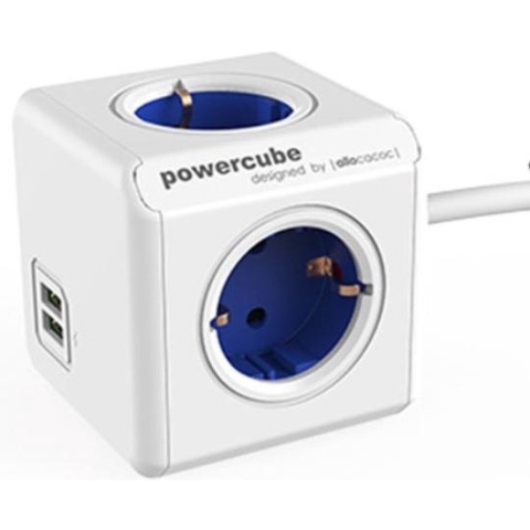 DesignNest PowerCube Extended DUO USB - 1,5 meter kabel - wit/blauw- 4 stopcontacten - 2 USB laders - Type F - stekkerdoos - stekkerblok - telefoonlader - oplader