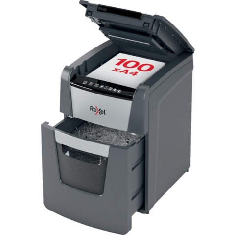 Rexel Optimum AutoFeed+ 100X Fluisterstille Papierversnipperaar P-4 Snippers voor Thuiskantoor/Thuiswerkplek - Invoer tot 100 Vellen - Zwart
