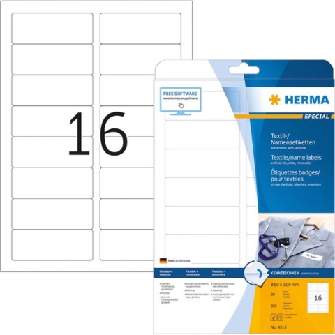 Herma 4515 Etiketten (A4) 88.9 x 33.8 mm Acetaatzijde Wit 320 stuk(s) Weer verwijderbaar Naametiketten