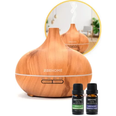 2BEHOME® Aroma diffuser 550ML met Afstandsbediening - Incl. 2 etherische oliën - Lichte houtlook - 7 LED kleuren - Luchtbevochtiger - Aromadiffusers - Geurverspreider - Cadeau voor man/vrouw