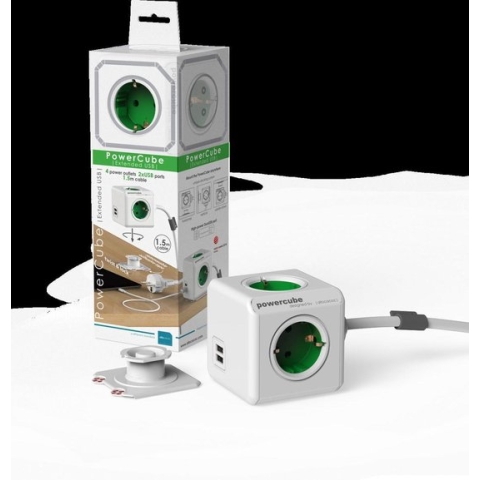 DesignNest PowerCube Extended DUO USB - 1,5 meter kabel - wit/groen- 4 stopcontacten - 2 USB laders - Type F - stekkerdoos - stekkerblok - telefoonlader - oplader