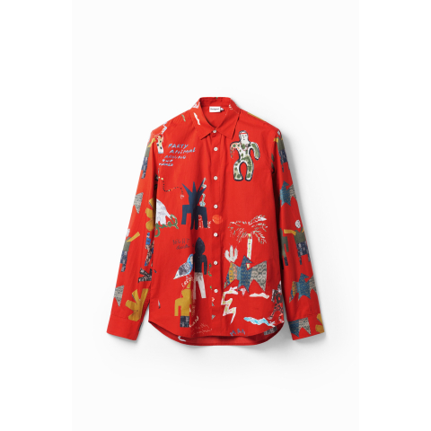 Popeline overhemd met illustraties. - RED - L