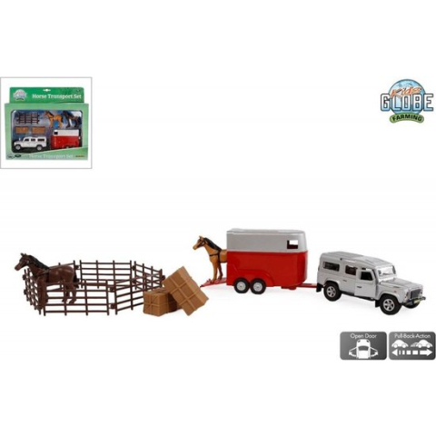 Kids Globe Land Rover met paardentrailer en accessoires met pull-back motor - 26 cm