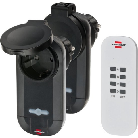 Brennenstuhl Draadloze Schakelaarset RC CE1 0201, 2 draadloze Stopcontacten (buiten IP44, met handzender en hogere contactberscherming) zwart