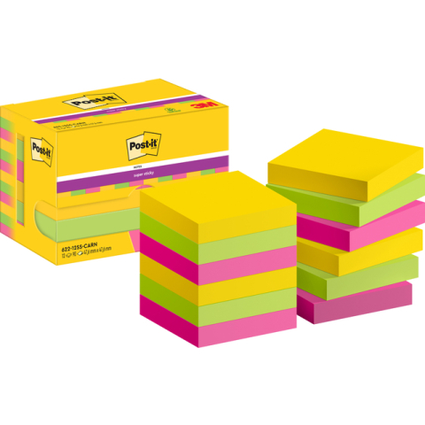 Super Sticky Notes Post-it 622-12SS-CARN 47.6x47.6 mm Effen Geel, groen, roze