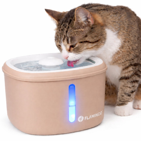 Flamingo Drinkfontein kat - hond - 2,5l - beige - met koolstoffilter & kunstharsfilter - stille pomp - lichtindicator - usb-kabel 150 cm - finto