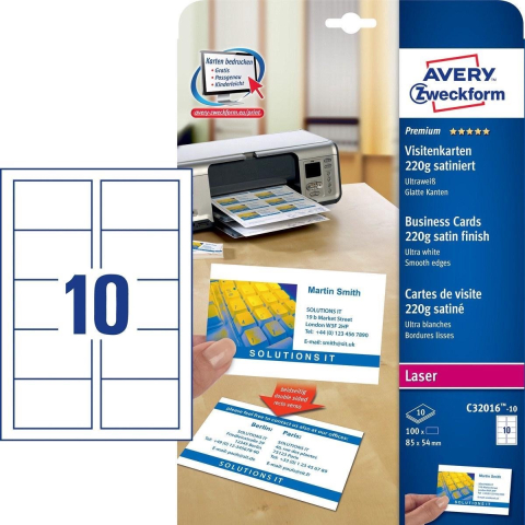 Avery Visitekaartjes 85x54mm 220gr wit 10 vel 10 kaarten per vel av-c32016-10