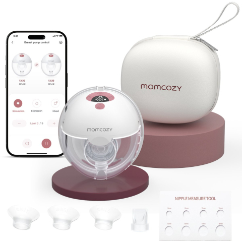 Momcozy m5 smart - handsfree borstkolf - 1 stuk - elektrisch - stil & compact - met borstschild inserts - wit/rood