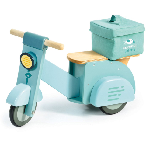 Tender Leaf houten ride-on delivery scooter speelgoed met canvas tas.