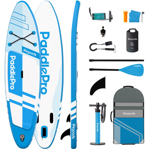 LifeGoods PaddlePro SUP Board Pro - Pro Set - Opblaasbaar Paddle Board - Max. 150KG - 320x81cm - Sky Blue
