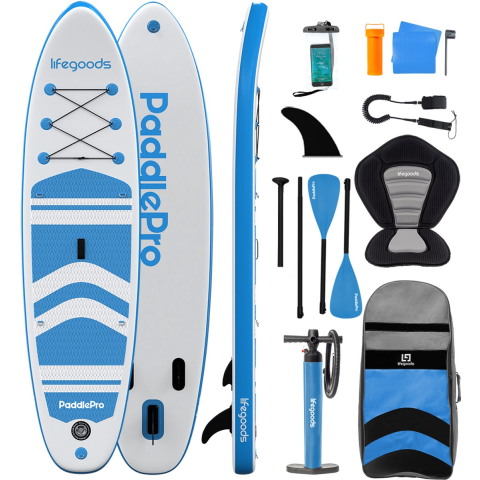 LifeGoods PaddlePro SUP Board - met Zitje - Opblaasbaar Paddle Board - Complete Set - Max. 135KG - 320x81cm - Wit/Sky Blue