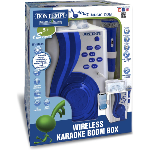 Bontempi Draadloze Karaoke Boom Box met Disco Light – 23 x 10 x 28 cm – Wit met Blauw
