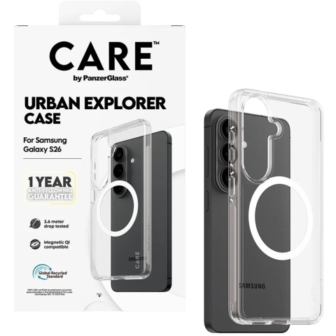 CARE by PanzerGlass Urban Explorer Case Transparent w. White Qi Samsung Galaxy S26