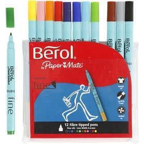 Berol Felt Tip Colouring Markers Fine Point (0.6mm) Assorted Colours 12 Count